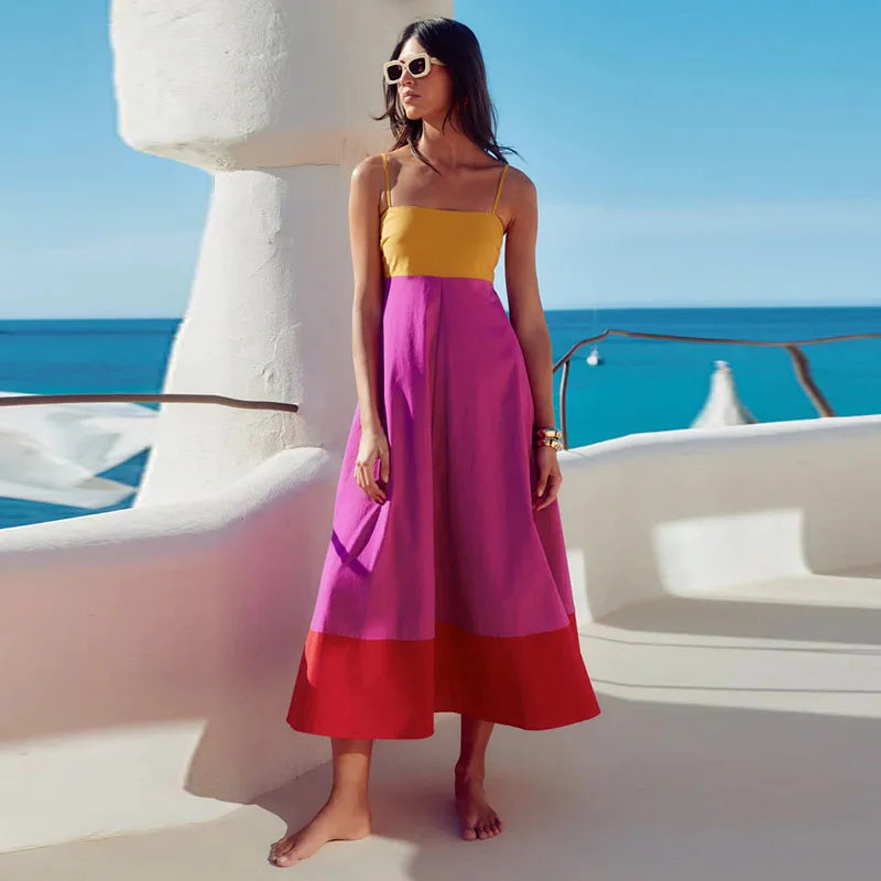 Casual Dresses - Contrast Color Holiday Long Dress Women 2025 Spring Spaghetti Strap High Waist Sleeveless Backless Dresses Female A-line Beach