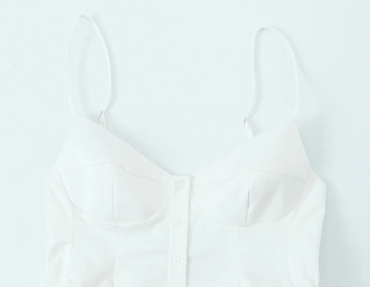 Cami Tops - Summer Women Striped Sleeveless V-Neck Mini Top Woman Slim High Street Short Dress Pleated Button Decoration Top