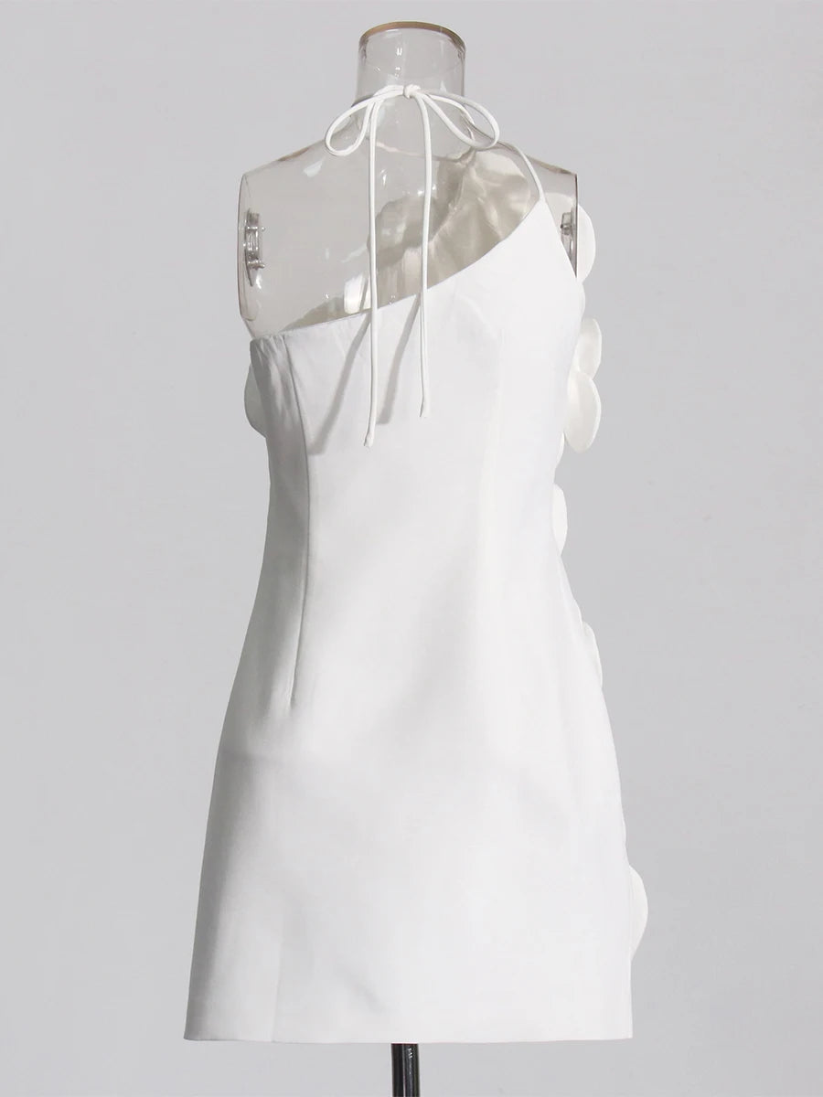 Party Dresses - Patchwork Appliques Mini Dresses For Women Diagonal Collar Sleevelss Spliced Lace Up High Waist Dresses Female New