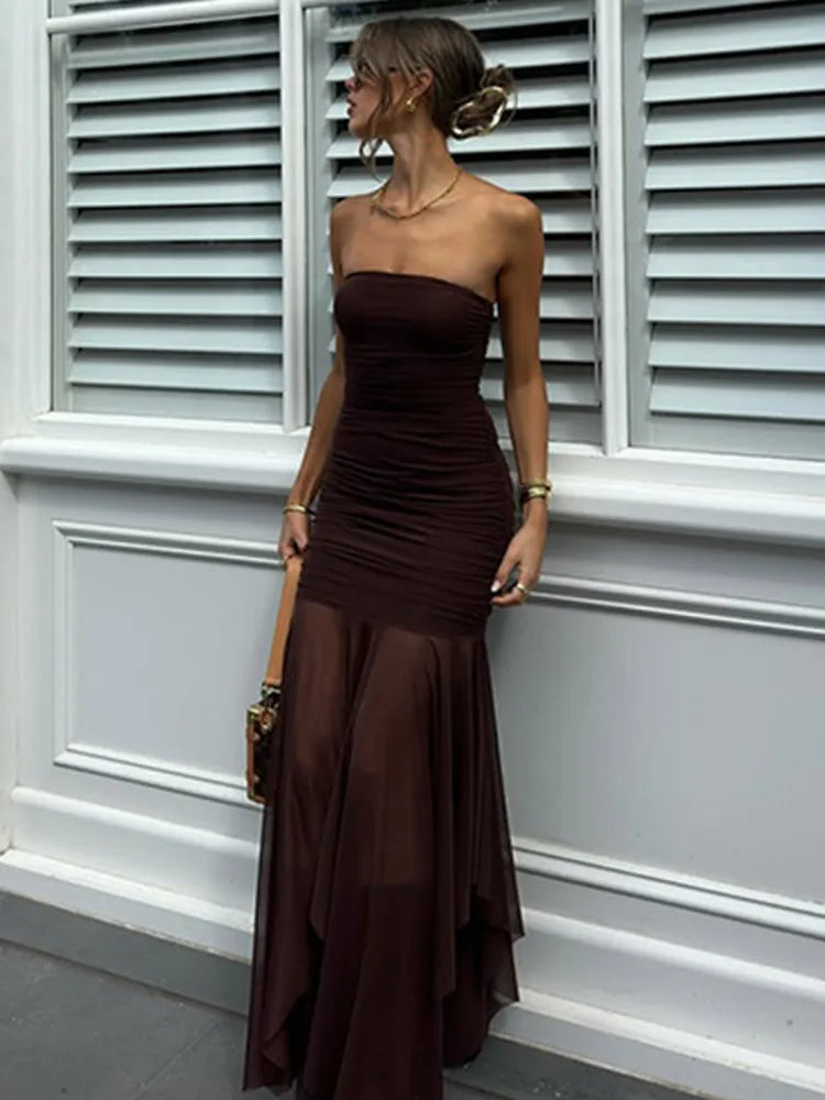 Elegant Dresses - Off-shoulder Strapless Sexy Maxi Dress For Women Borwn Sleeveless Backless High Waist Bodycon Club Long Dress Elegant