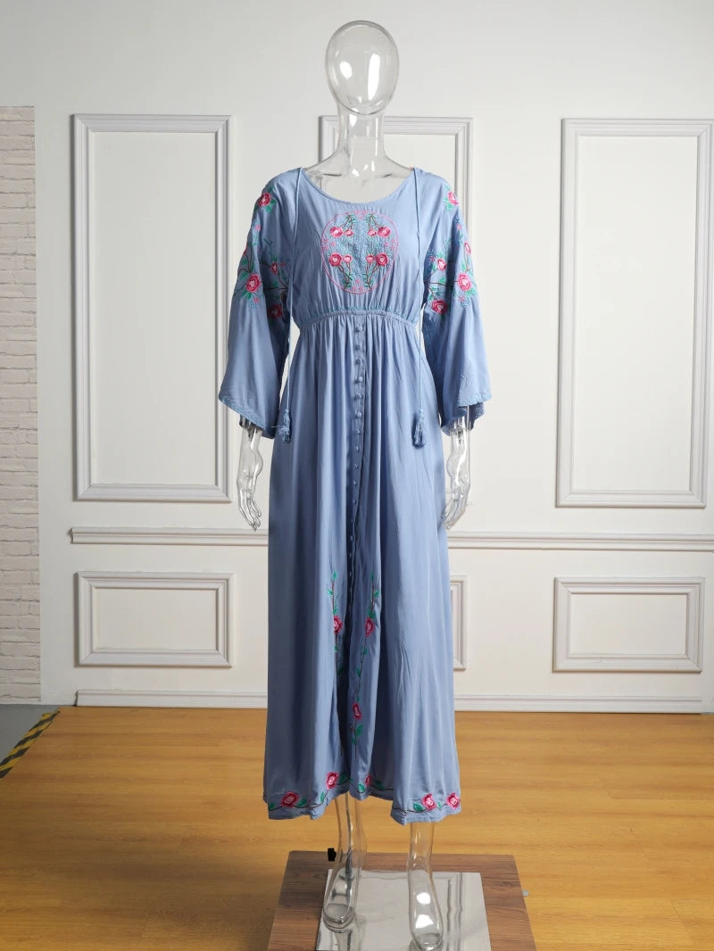 Kaftans - Jastie Embroidered Women Maxi Dress V-Neck Batwing Sleeve Loose Oversize Summer Dresses Drawstring Waist Boho Beach Vestidos