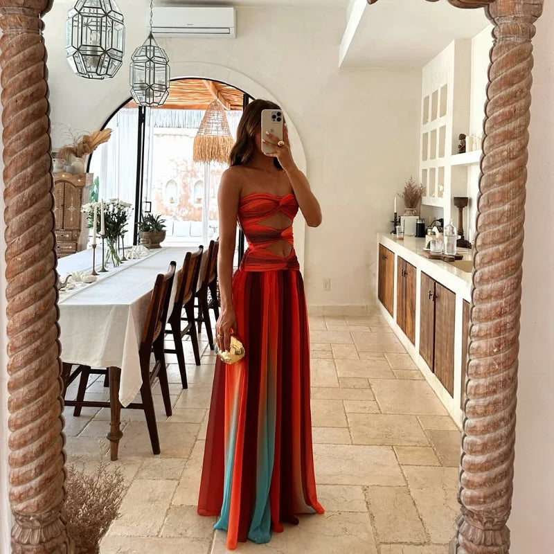 Elegant Dresses - Tie-dye Gradient Hollow Out Women's Maxi Dress Elegant Off Shoulder A-line Hem Long Dresses New Summer 2025 Holiday Female Robes