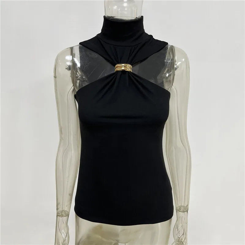 Halter Tops - Turtleneck Basic Knit Tank Tops Women Vest Pullovers Metal Ring Camisole Sleeveless Skinny Knitted Tops Y2K Cropped Top