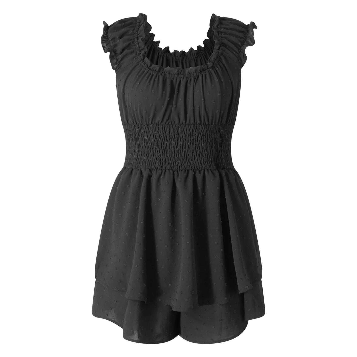 Playsuits - Boho Summer Off-Shoulder Ruffle Hem Playsuit Women Beach Streetwear Solid Color Short Sleeve High Waist Short Rompers
