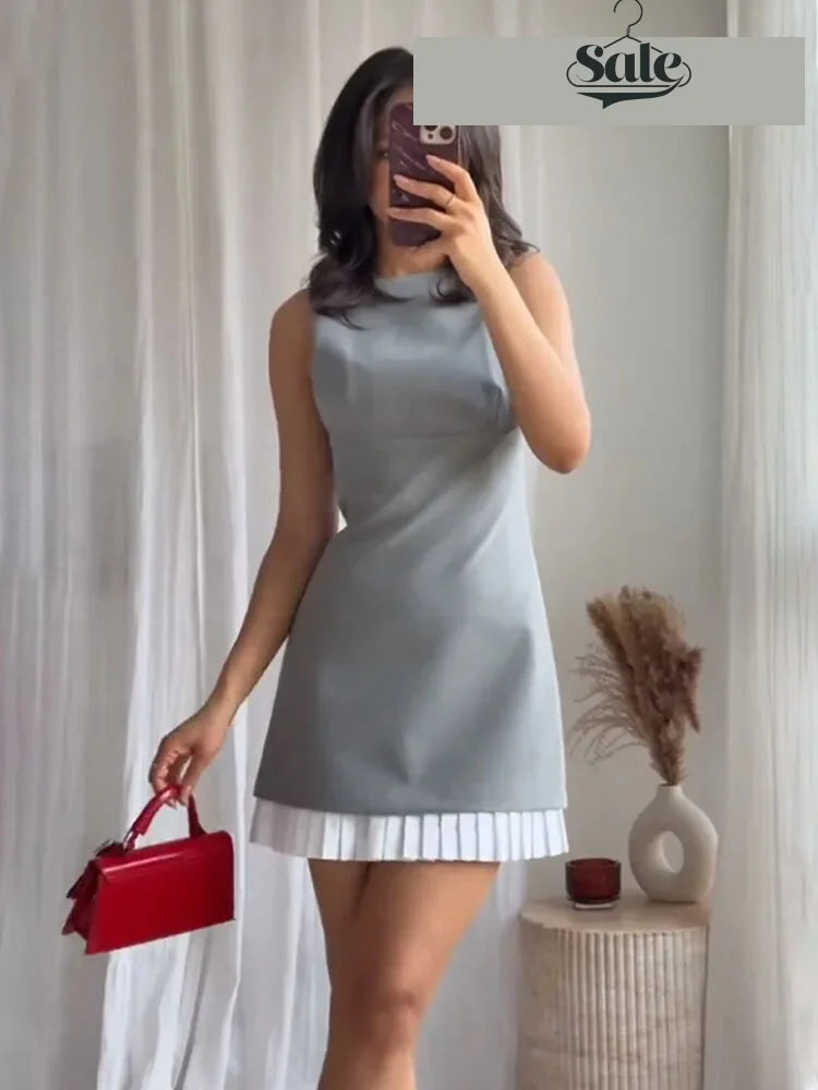 Business Casual Dresses - Women's High Street Sexy Dress Grey O-Neck Sleeveless Patchwork Decorate Zipper Female Summer Fashion Mini Dresses