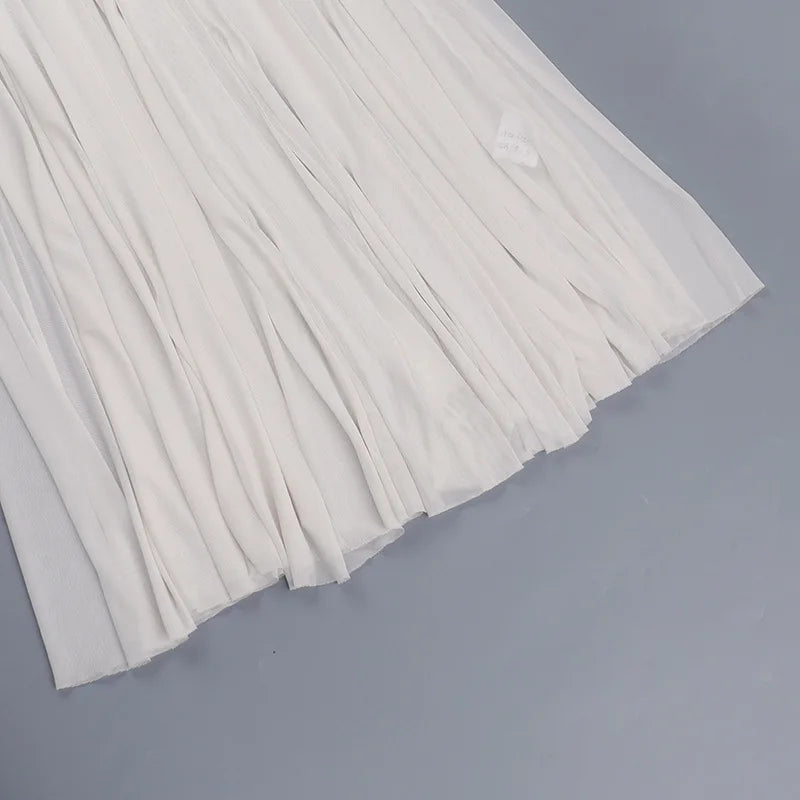 See-through Dresses - White Mesh Pleated Evening Club Party Dress Women Robes Backless Elegant Sexy Dress Bodycon Long Summer Dress Vestidos