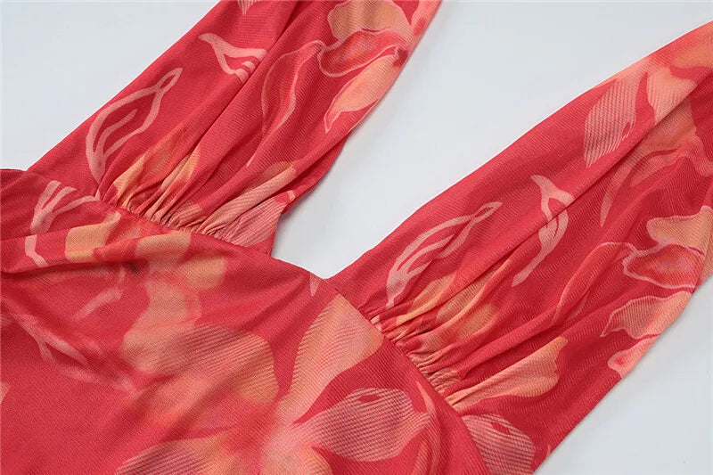 Party Dresses - Halter Deep V Neck Ruffled Sexy Maxi Dress For Women Fashion Sleeveless Backless High Waist Bodycon Club Printed Dress