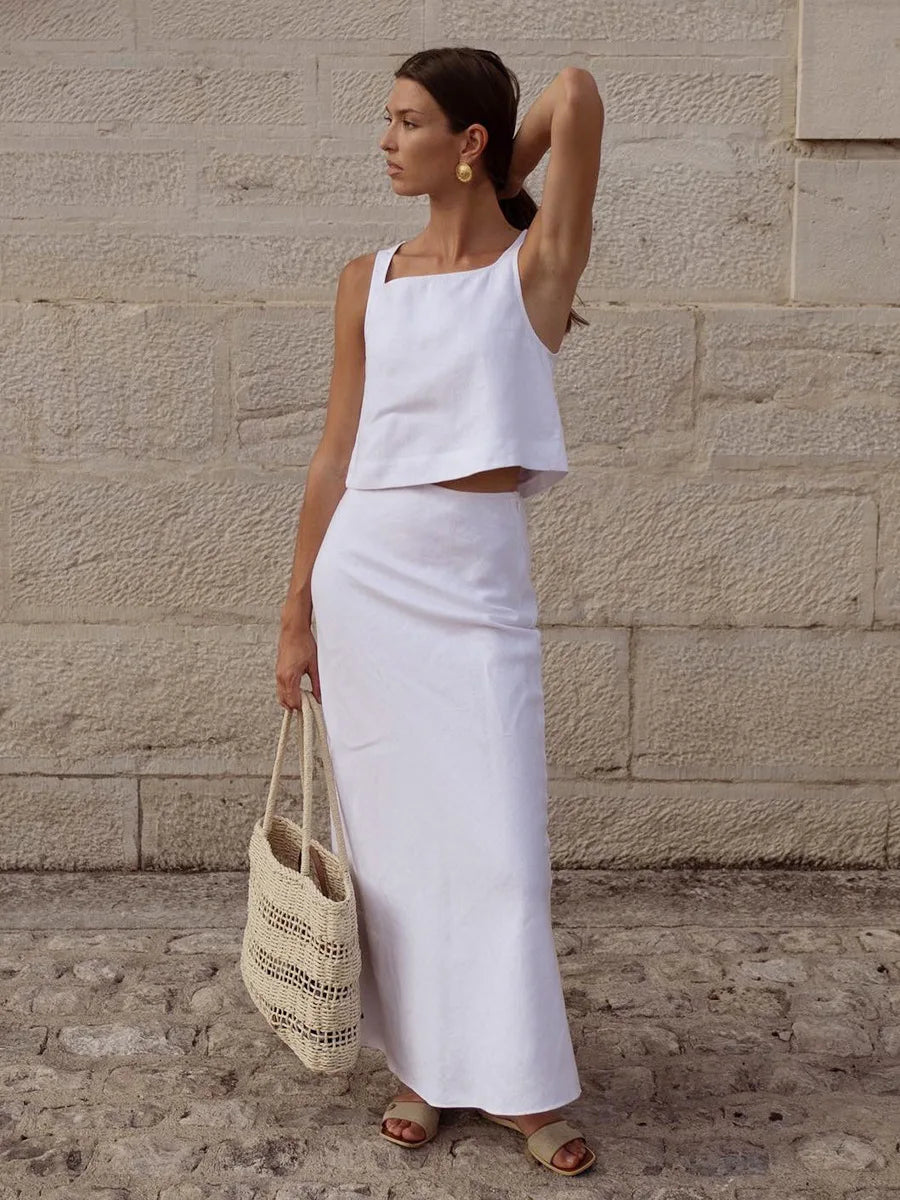 Skirt Sets - Summer New Cotton Linen Half Skirt Set Women's Square Neck Chic Short Vest Casual 2-Piece Set Split Long Skirt Suits
