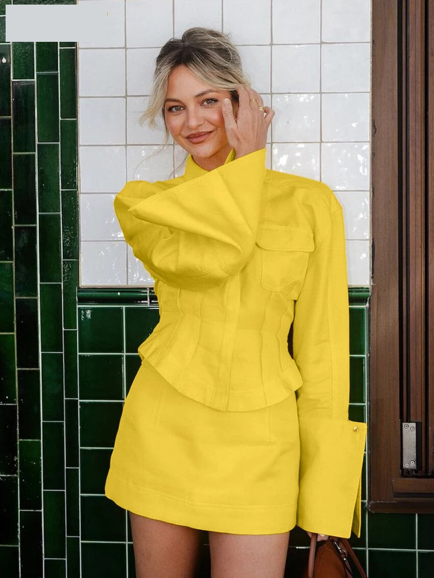Matching Sets - Fashion Slim Yellow Cotton 2 Piece Set Women Outfit 2025 Elegant Long Sleeve Shirt With High Waist Mini Skirt Set Female
