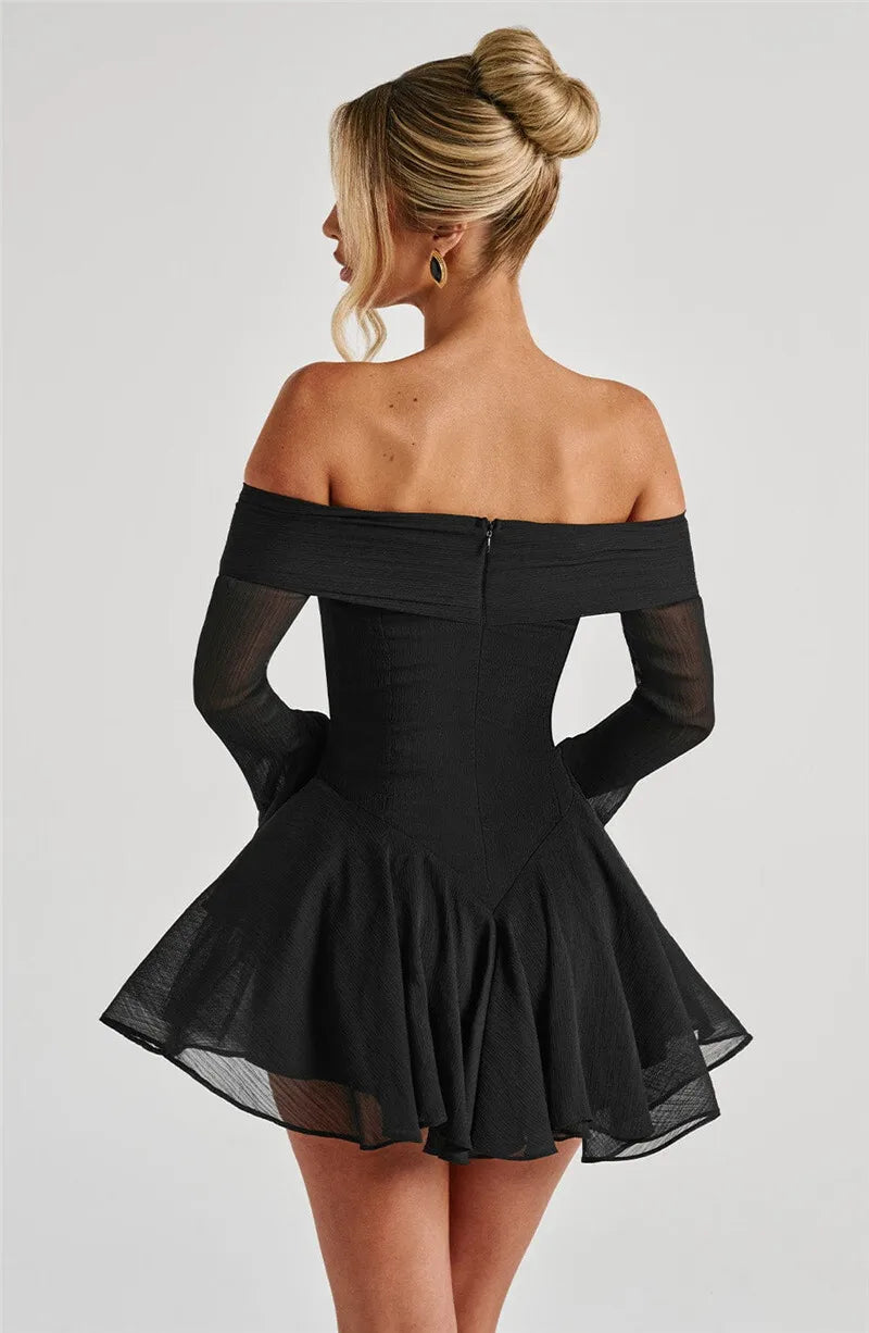 Party Dresses - Strapless Long Flare Sleeve Sexy Mini Dress For Women Robe Off-shoulder Backless High Waist A-line Club Party Dress