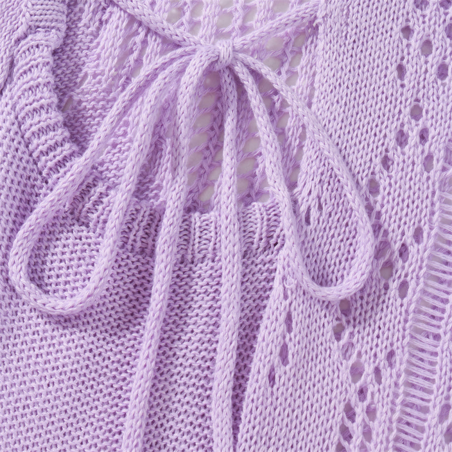 Beach Dresses - Contrast Color Hollow-Out Knit Beach Long Dress 2023 Summer See-Through One-Shoulder Long Sleeve Halter Tie-up Cover-Ups Dress