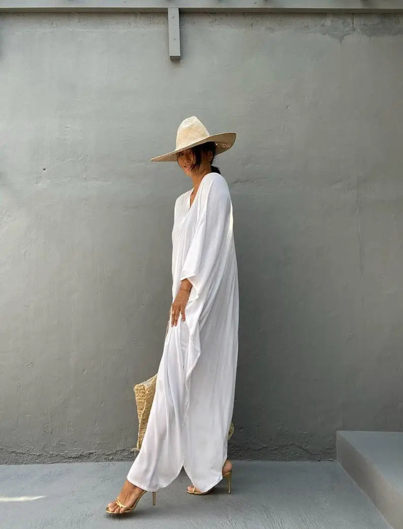 Kaftans - Women's Clothing Swimwears Solid Color Cover Up V Neck Batwing Sleeve Plus Size Beach Kaftan Dresses