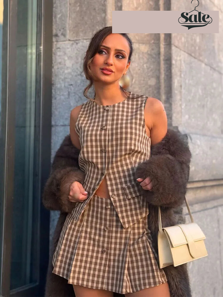 Skirts set - TRAFZA Women 2 Piece Set Elegant Plaid O-Neck Single Breasted Pocket Decorate Vest Top+Chic Zipper Pleated Slim Mini Culottes