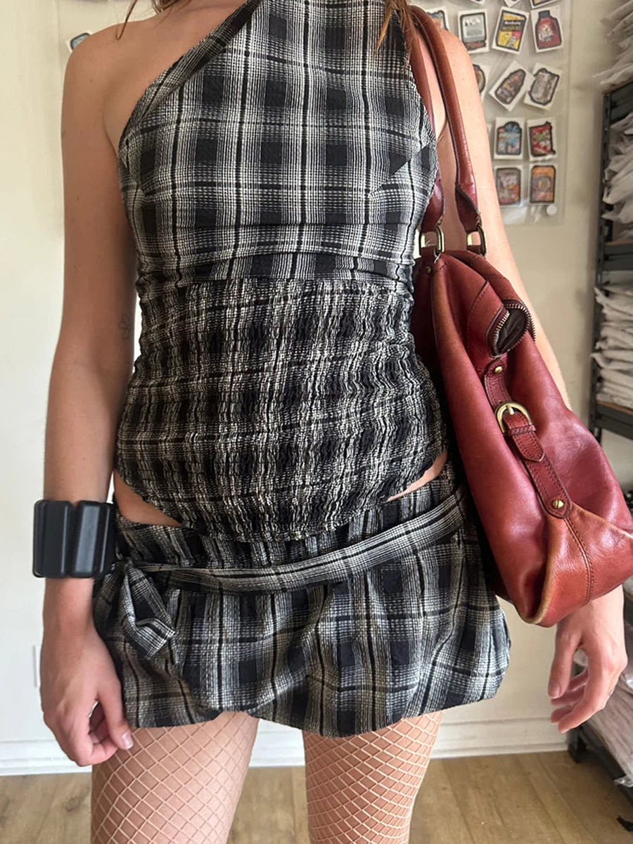 Casual Outfits - Women Y2K 2 Piece Bubble Skirt Outfit Set Off the Shoulder Plaid Halter Tank Top and Puff Mini Skirt with Belt Party Clubwear