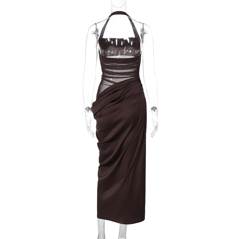 Elegant Dresses - Mesh Patchwork Backless Sexy Maxi Dress For Women Gown Fashion Halter Sleeveless Strapless Bodycon Club Long Dress