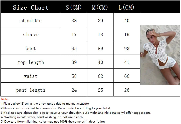 Shorts Sets - Women Solid Hollow Out Shorts Suit 2025 New Round Neck Single-breasted Short Sleeve Slim Fit 2 Piece Set 2025 Lady Beach Outfit