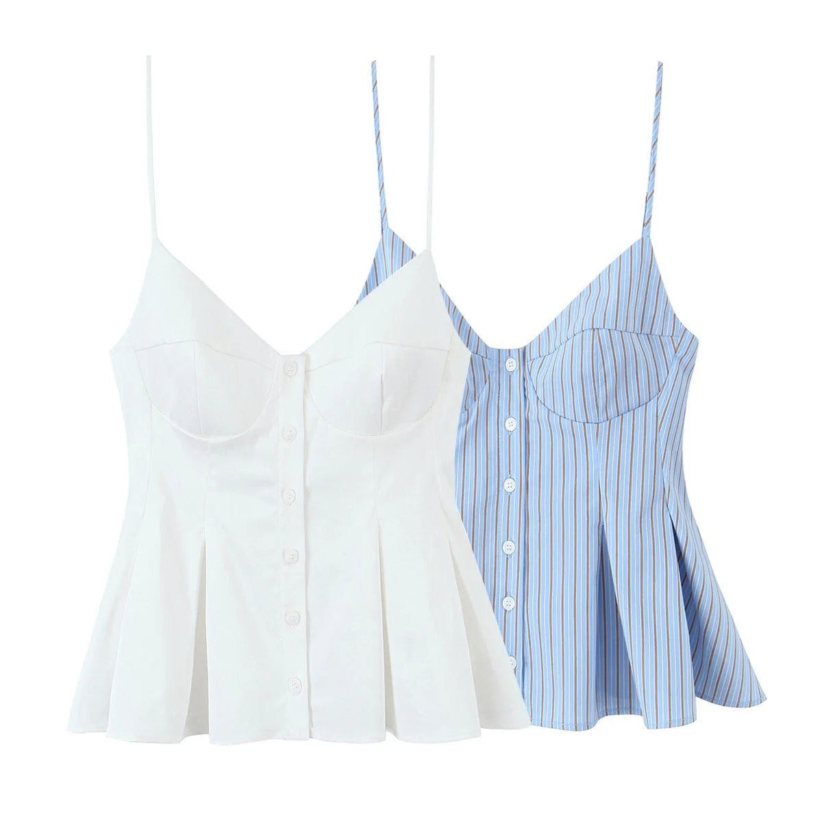 Cami Tops - Summer Women Striped Sleeveless V-Neck Mini Top Woman Slim High Street Short Dress Pleated Button Decoration Top