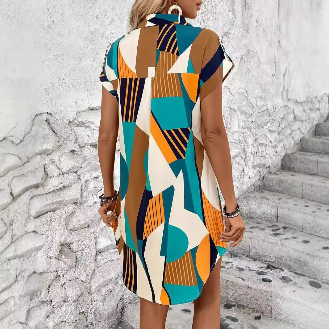 Shirt Dresses - Vibrant Geometric Print Casual Shirt Dress – Perfect for Any Occasion