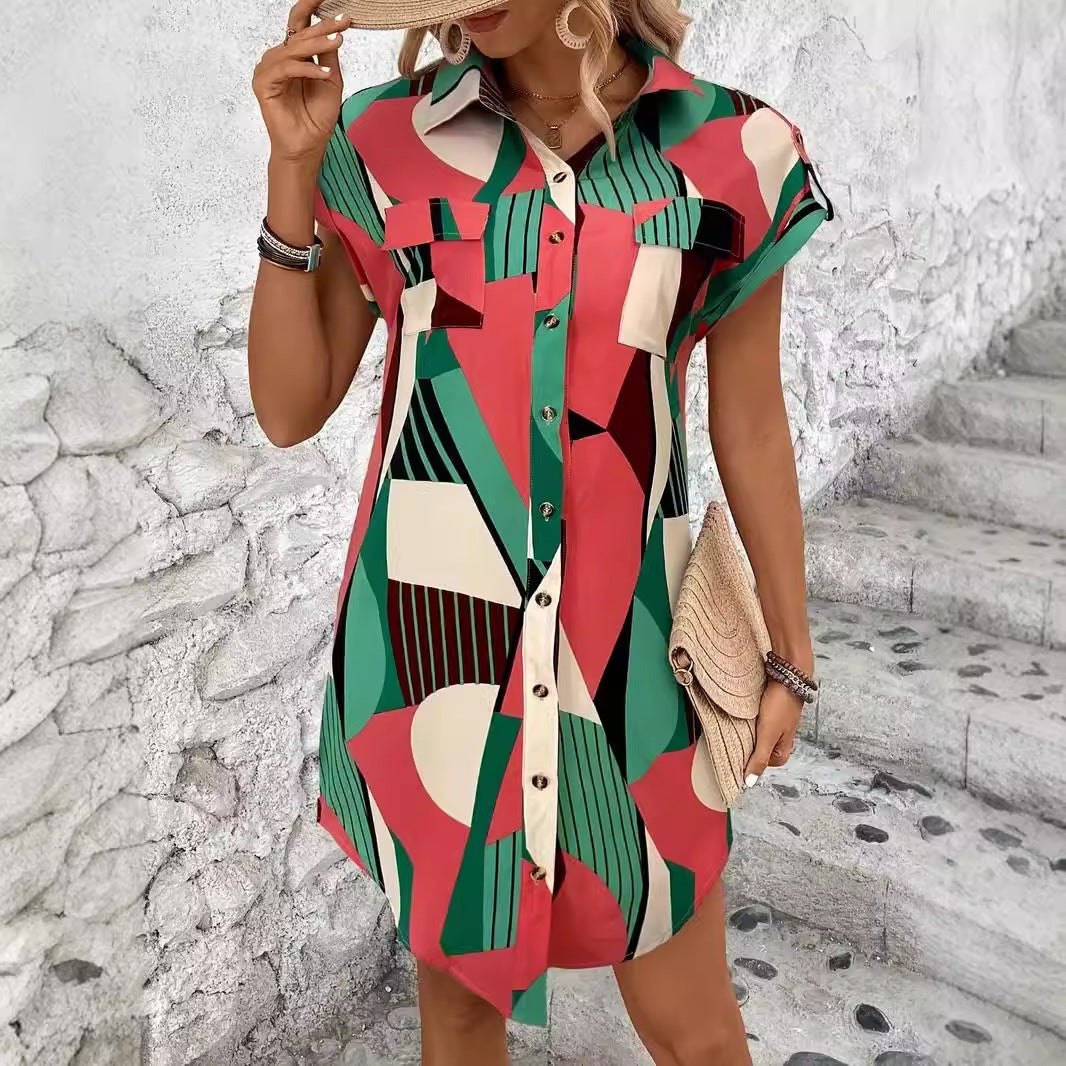 Shirt Dresses - Vibrant Geometric Print Casual Shirt Dress – Perfect for Any Occasion