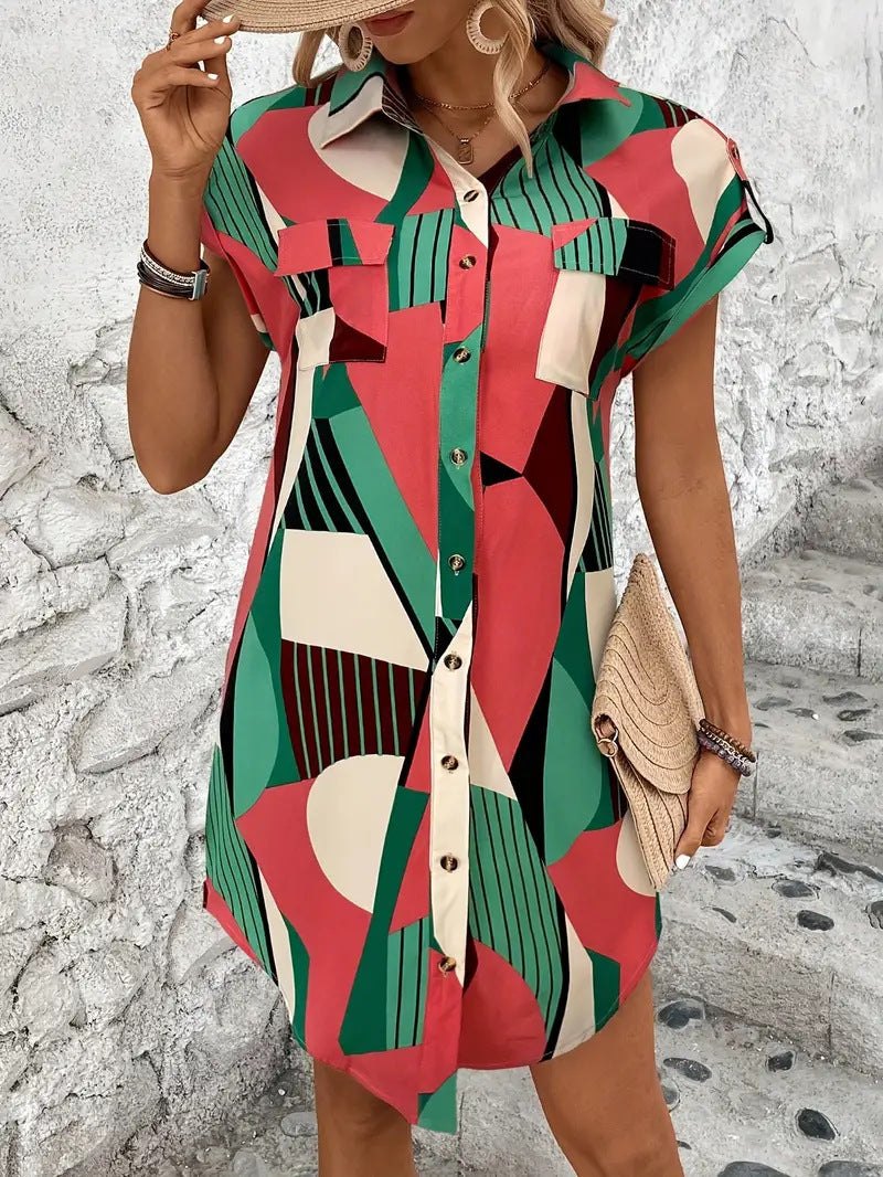 Shirt Dresses - Vibrant Geometric Print Casual Shirt Dress – Perfect for Any Occasion