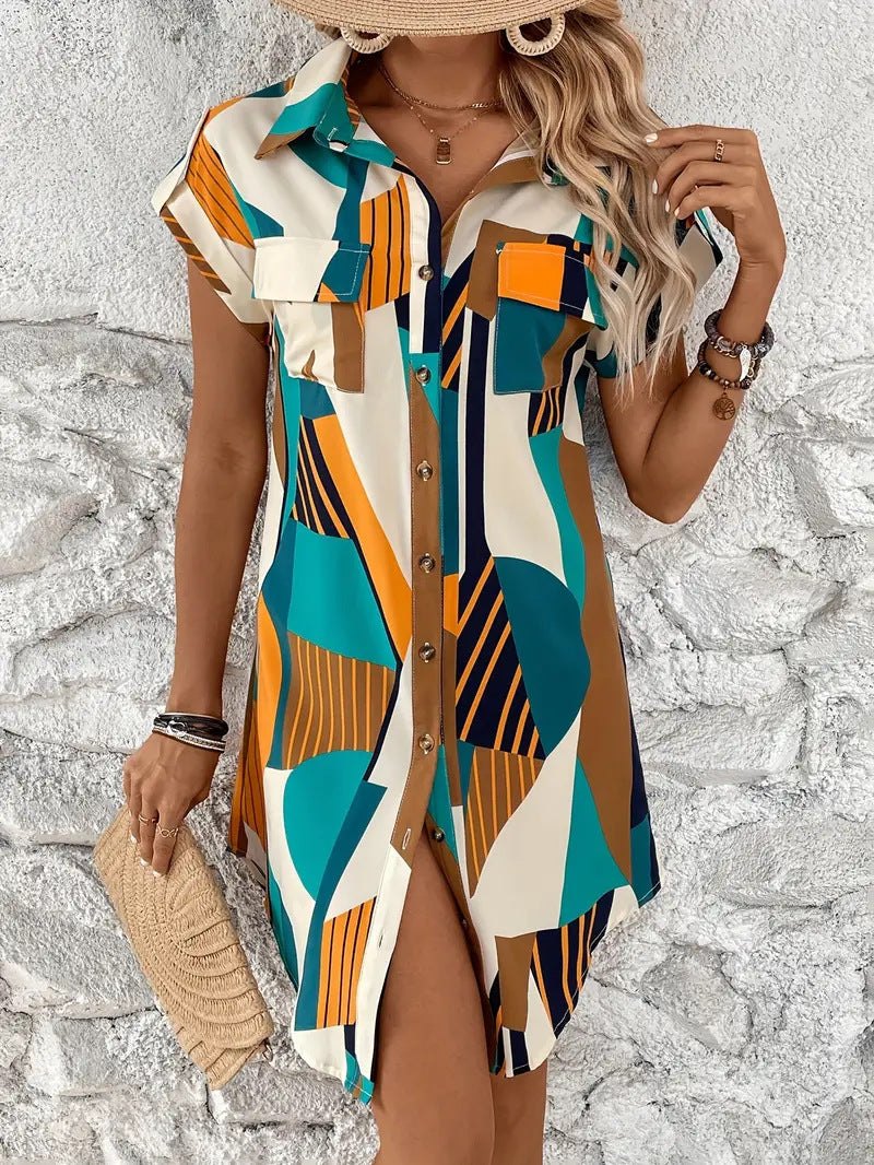 Shirt Dresses - Vibrant Geometric Print Casual Shirt Dress – Perfect for Any Occasion