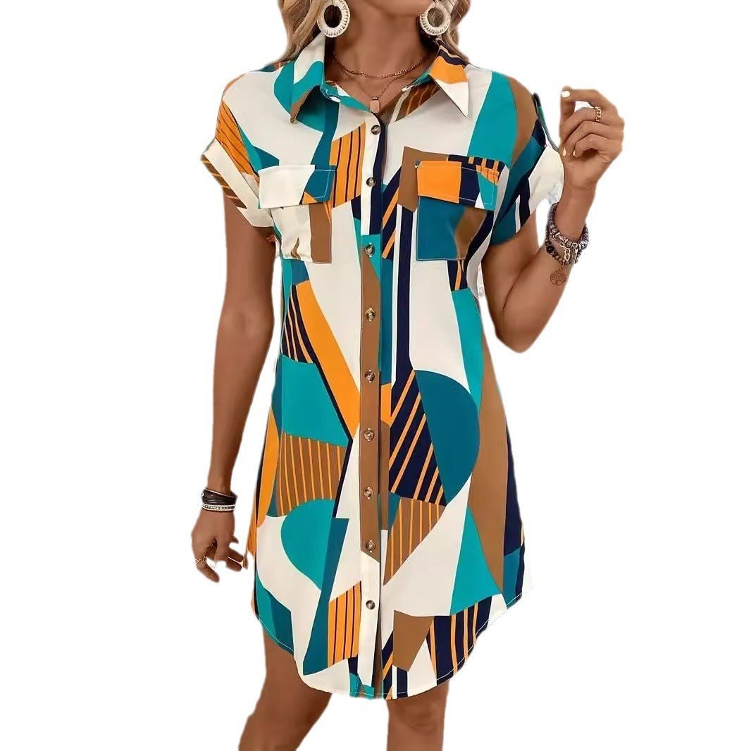 Shirt Dresses - Vibrant Geometric Print Casual Shirt Dress – Perfect for Any Occasion
