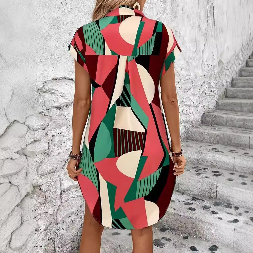 Shirt Dresses - Vibrant Geometric Print Casual Shirt Dress – Perfect for Any Occasion