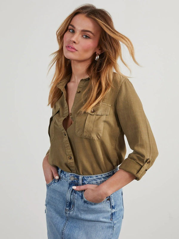 Shirts - Casual Denim Long Sleeve Shirt for Women