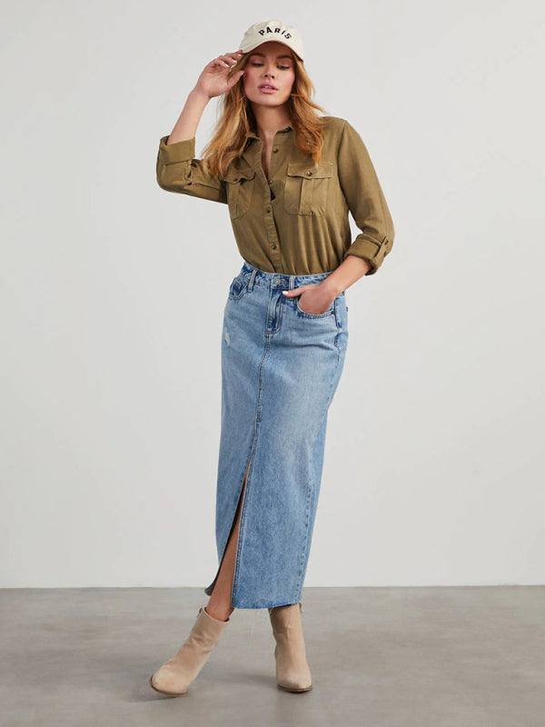 Shirts - Casual Denim Long Sleeve Shirt for Women