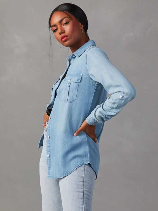Shirts - Casual Denim Long Sleeve Shirt for Women