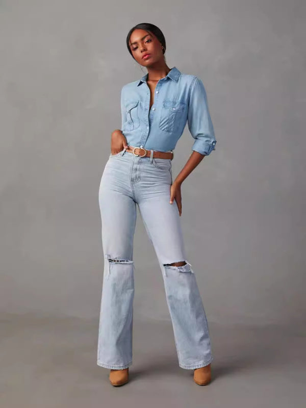 Shirts - Casual Denim Long Sleeve Shirt for Women