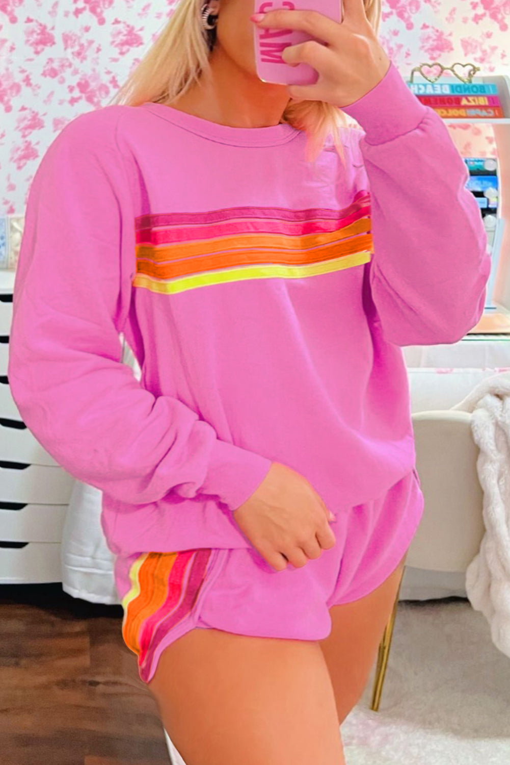 Trendy Striped Cotton Lounge Set with Pullover & Shorts