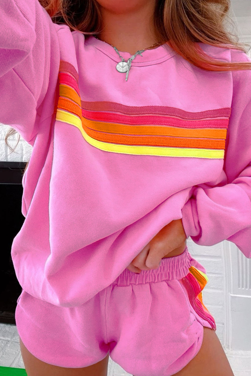 Trendy Striped Cotton Lounge Set with Pullover & Shorts