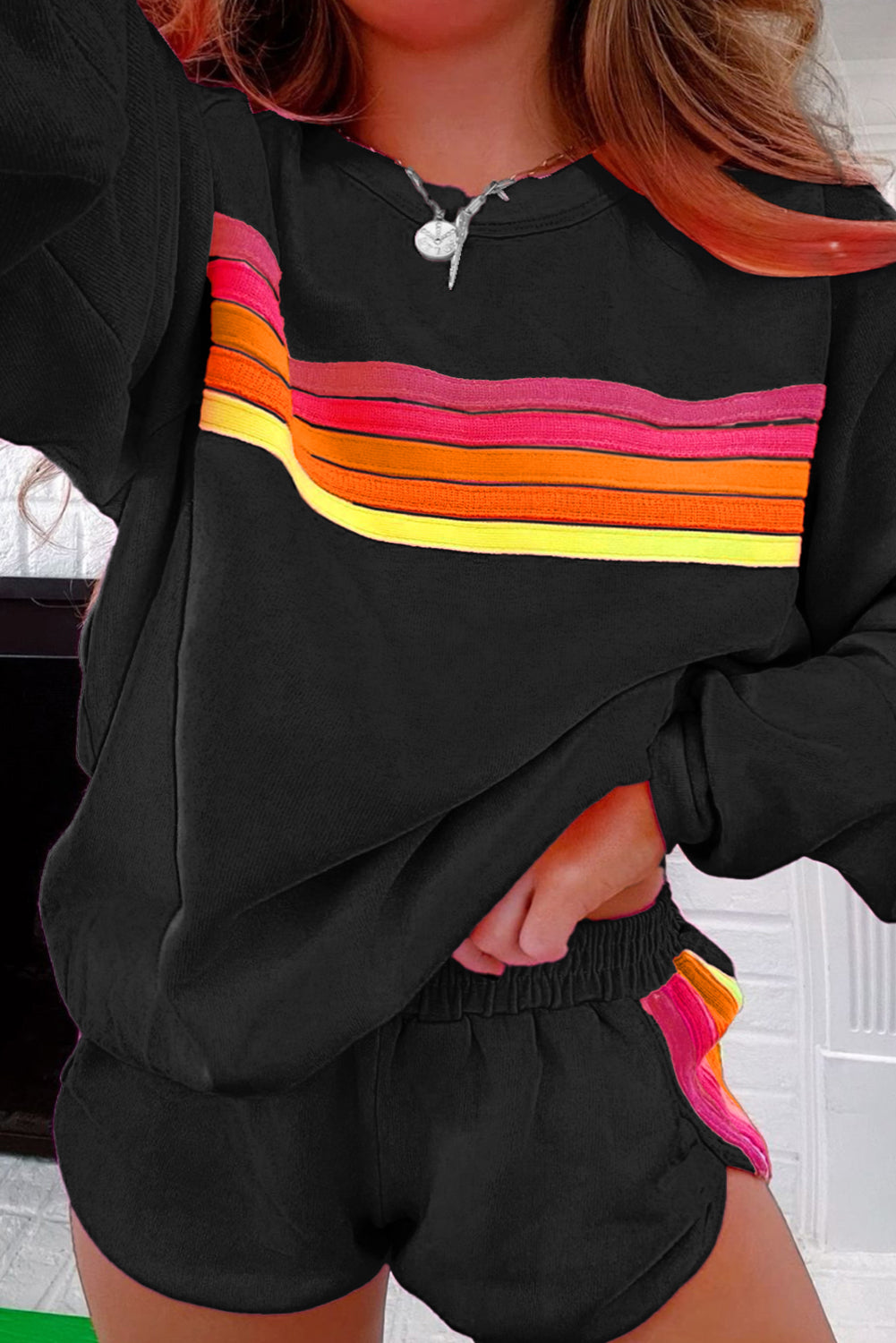 Trendy Striped Cotton Lounge Set with Pullover & Shorts