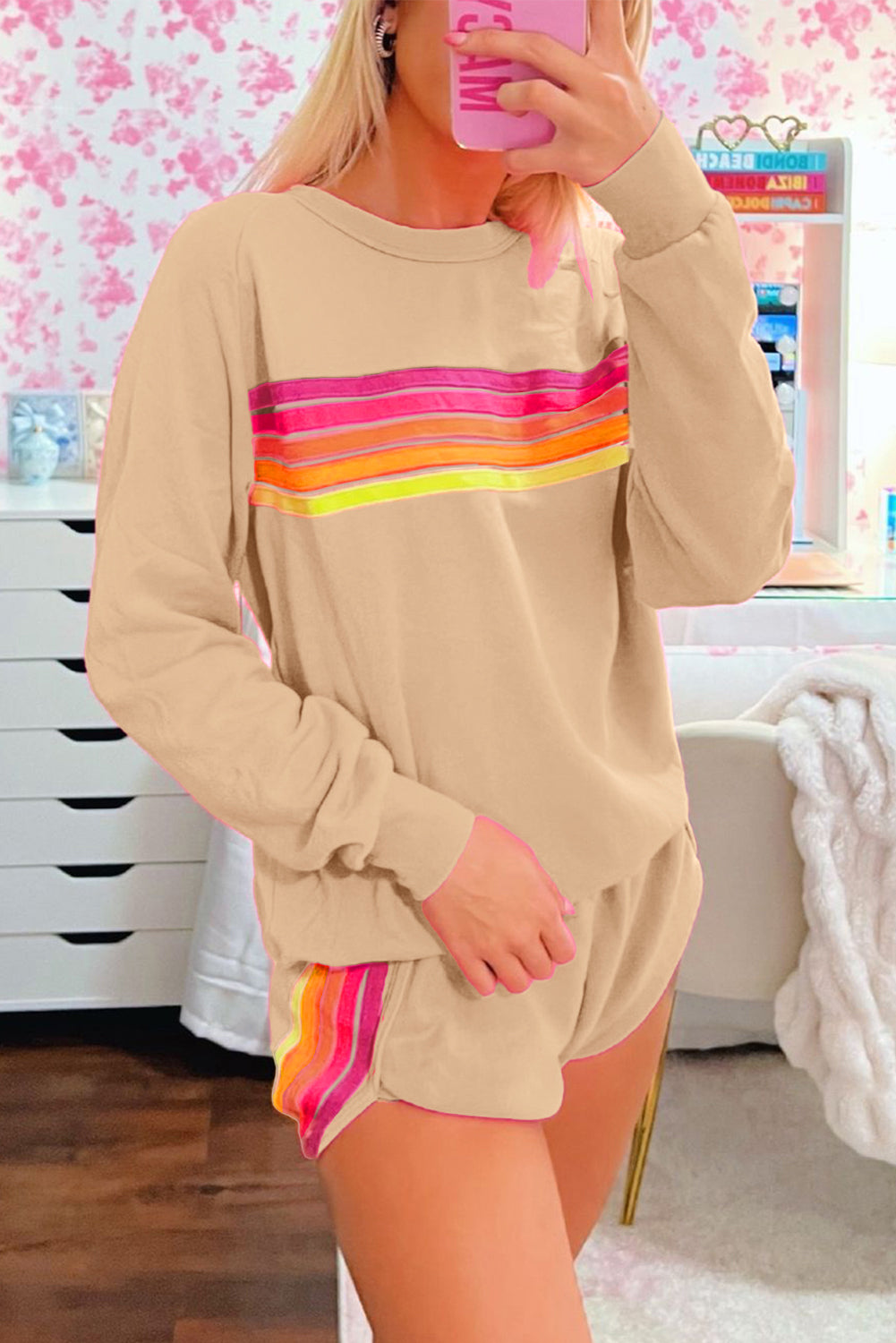 Trendy Striped Cotton Lounge Set with Pullover & Shorts