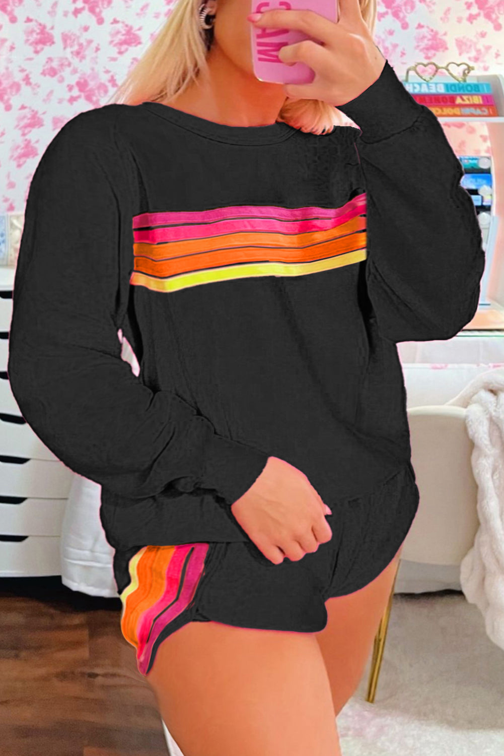 Trendy Striped Cotton Lounge Set with Pullover & Shorts