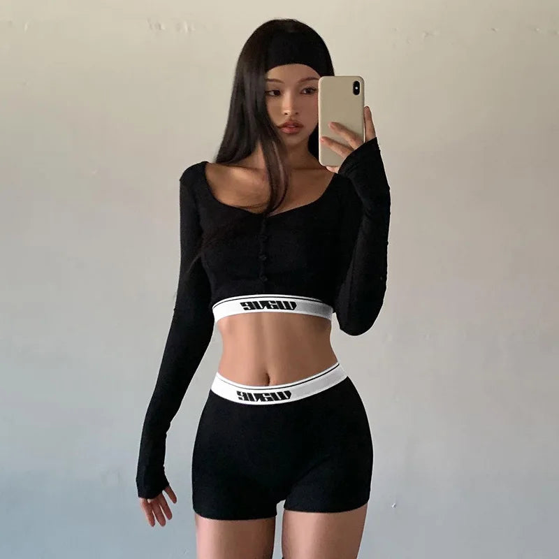 Shorts Sets - Sporty Fitness Crop Top and Shorts Set for Woman