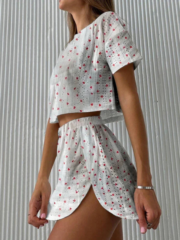 Shorts Sets- Women's Teddy Bear Hearts Crop Top & Shorts Two-Piece Set- Red- Pekosa Women Fashion