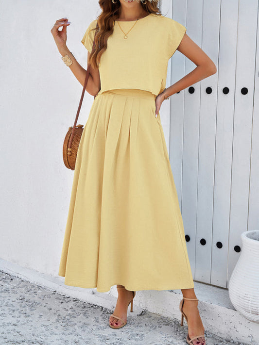 Skirt Set- Vacay Classic 2-Piece Summer Outfit - Cap Sleeve Blouse & Flare Skirt- Light yellow- Pekosa Women Fashion