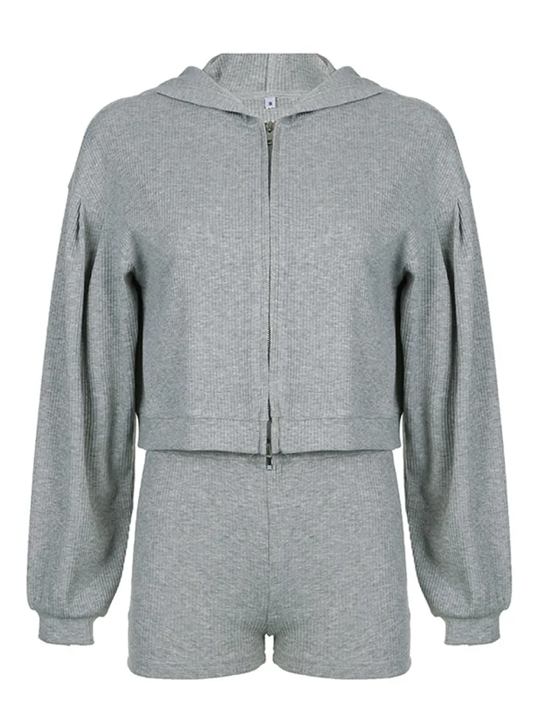 Sporty Ribbed Trio Shorts, Bra, and Zip-Up Cardigan Set