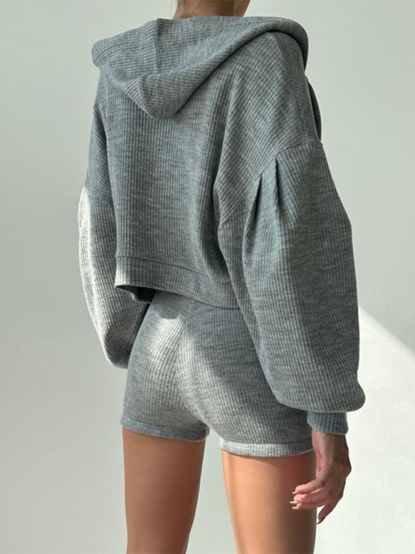 Sporty Ribbed Trio Shorts, Bra, and Zip-Up Cardigan Set