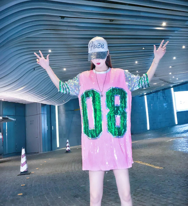 Sporty Outfits - Sporty Sequined T-Shirt Dress for Super Bowl Game Day