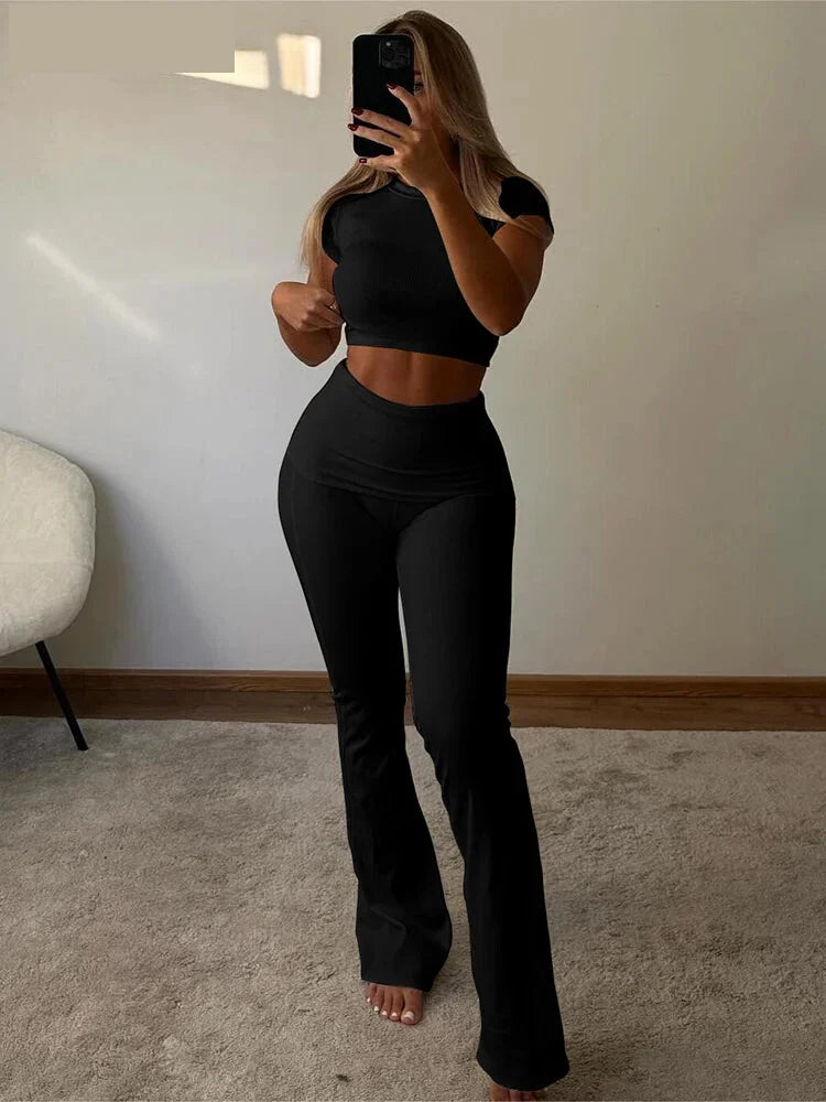 Sporty Outfits- Two-Piece Women's Outfit with Cropped Tee and Flared Palazzo Pants- Black- Pekosa Women Fashion