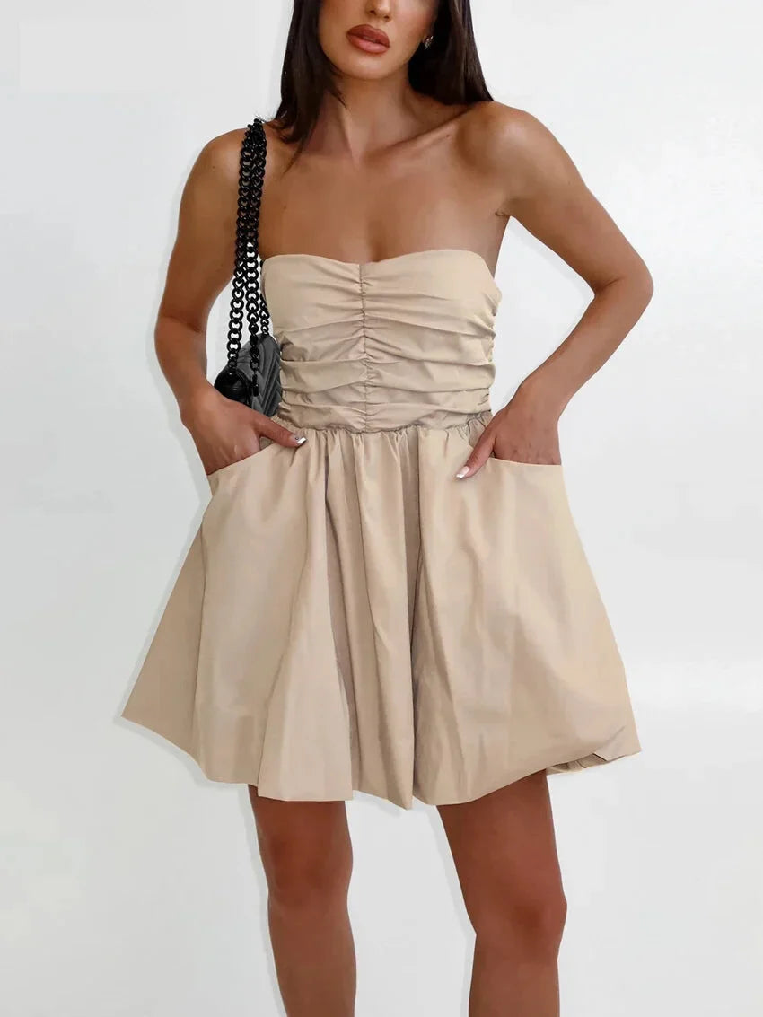 Strapless Dresses- Strapless Pleated Mini Dress with Smocked Back- Khaki- Chuzko Women Clothing