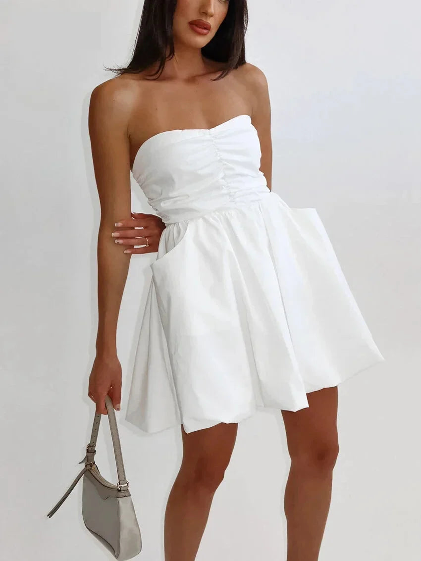 Strapless Dresses- Strapless Pleated Mini Dress with Smocked Back- White- Chuzko Women Clothing