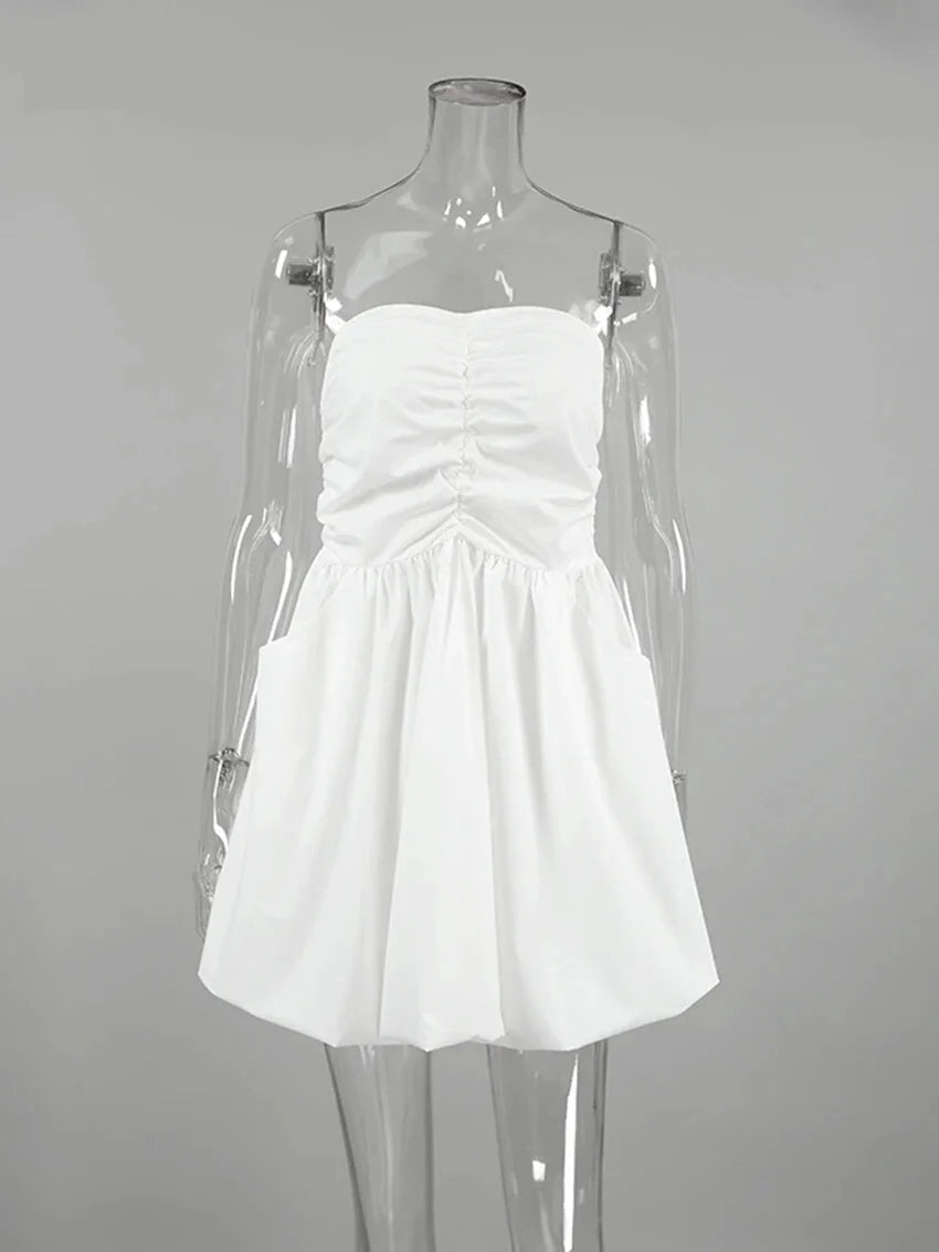 Strapless Dresses- Strapless Pleated Mini Dress with Smocked Back- - Chuzko Women Clothing
