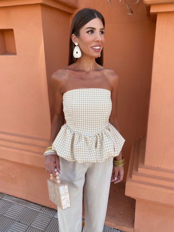 Strapless Tops- Women's Strapless Peplum Top in Polka Dot Print- - Pekosa Women Fashion