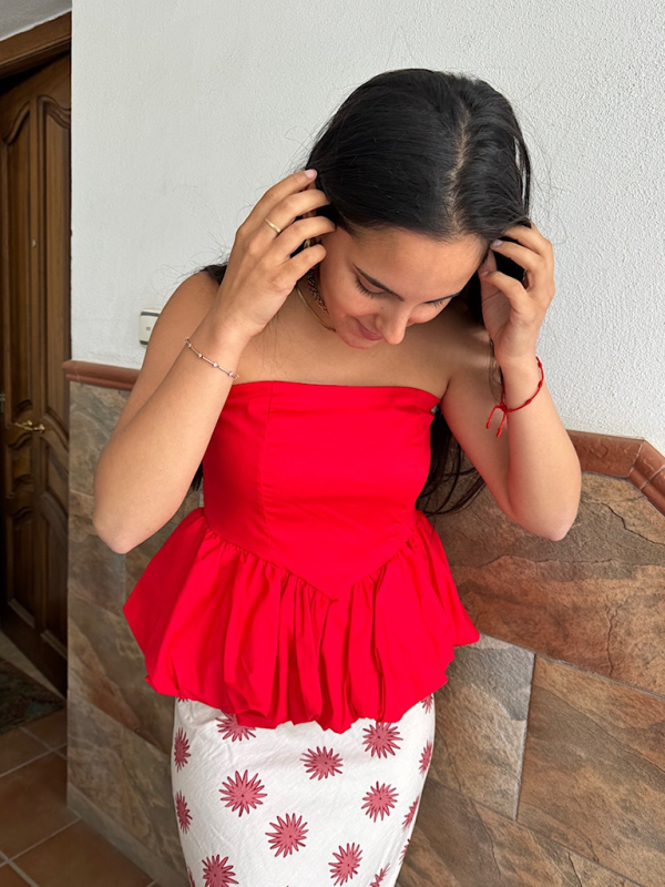 Strapless Tops- Women's Strapless Peplum Top in Polka Dot Print- - Pekosa Women Fashion