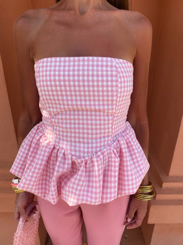 Strapless Tops- Women's Strapless Peplum Top in Polka Dot Print- - Pekosa Women Fashion