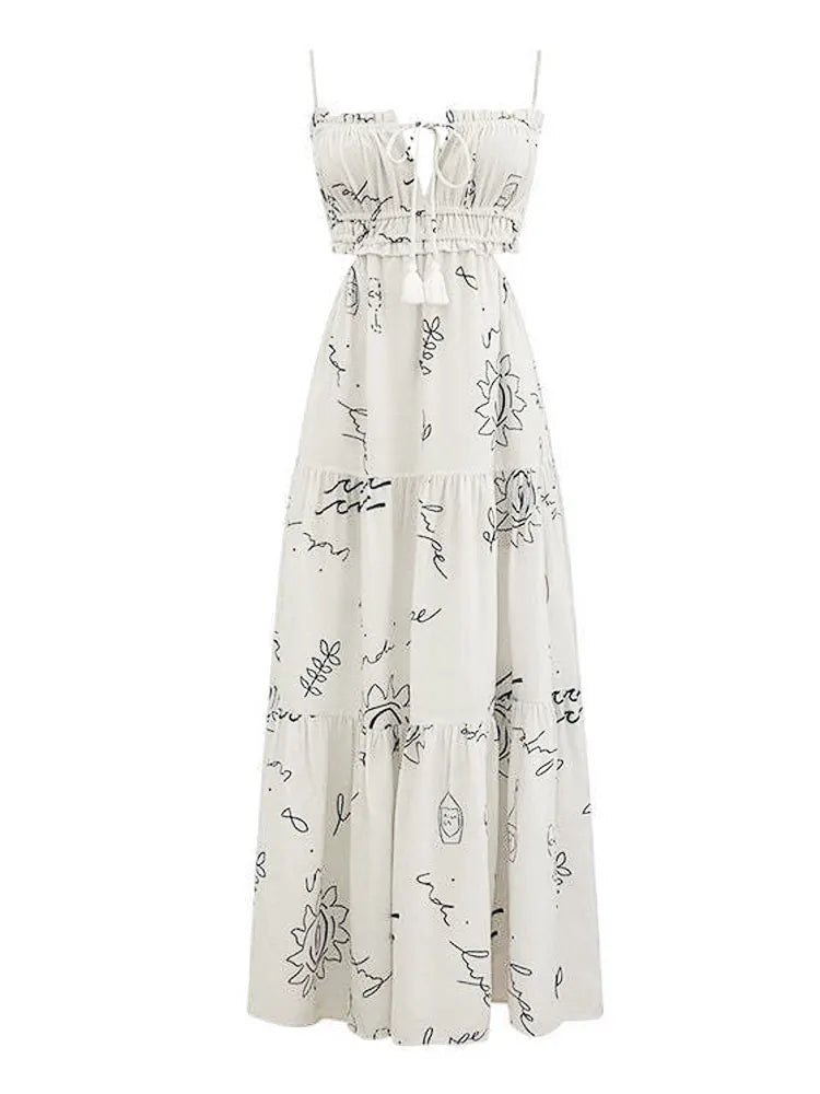 Summer Dresses - Casual Summer Maxi Dress - Sun Print & Backless
